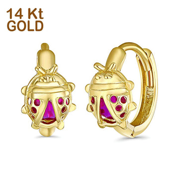 14K Yellow Gold Ladybug Pink CZ Huggie Hoop Earrings (10mm)